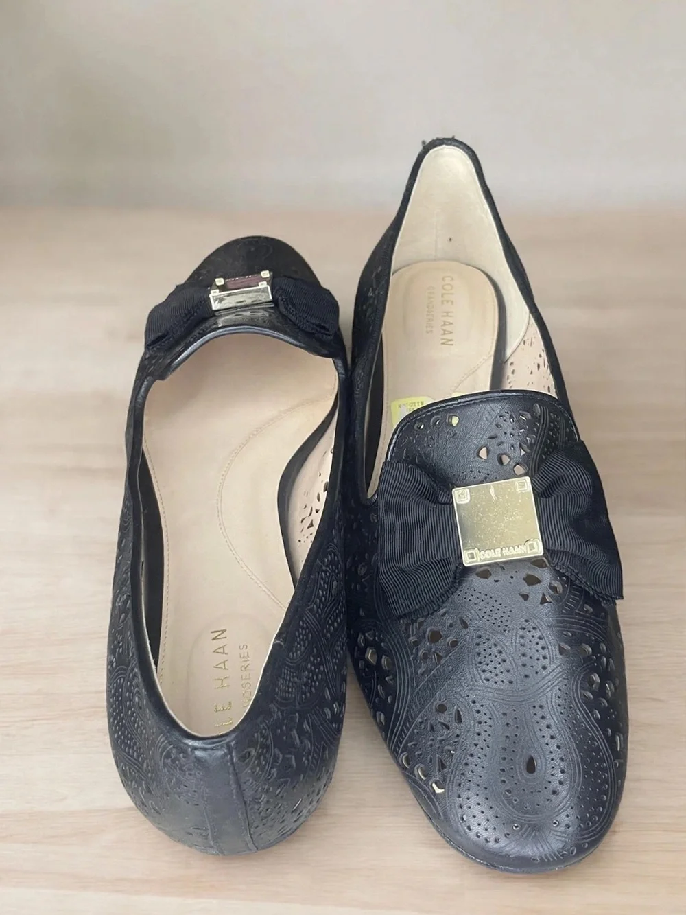 Black Cole Haan Leather Bow Loafers with Gold Accent - Women's Shoes